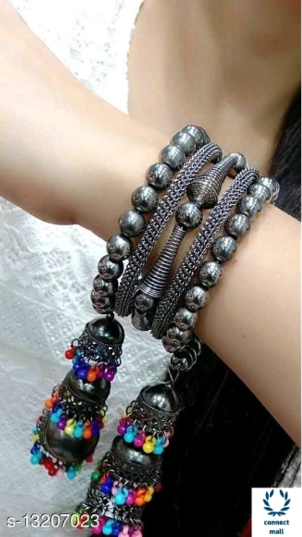 Samridhi DC Multicolor Pearl Oxidised Black Silver Adjustable Bracelet Bangles - Adjustable, Black Silver, Artificial Beads, Bangle Style